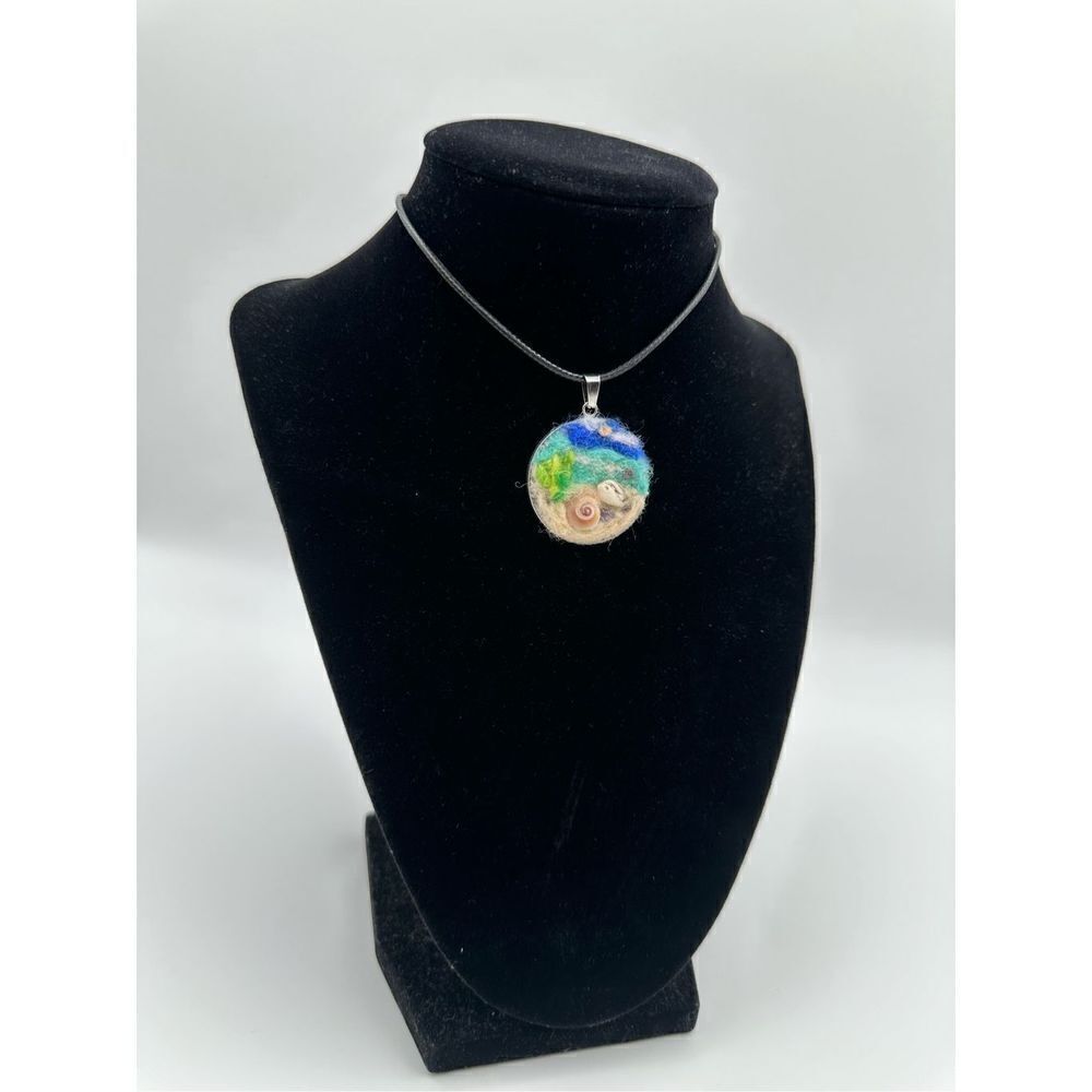Ocean Landscape Needle Felted Wool Painting pendent + shells handmade with love